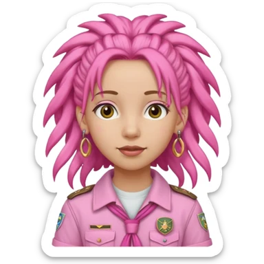 scout girl with pretty pink uniform, pink dreadlocks, and big earrings sticker