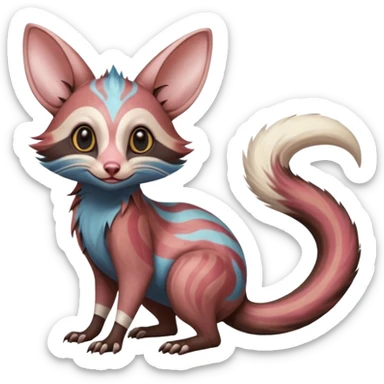Oriental Painted Zooming Happy Realistic Star-swirled Zany Minccino-Opossum-Numbat-Lykoi-Sphynx-Zangoose-fusion-hybrid-animal-Fakémon-creature, full body, thin long sleek scaly tail, intricate markings sticker