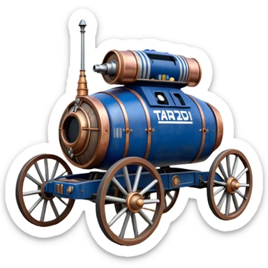 Old American West tarnished R2D2 bounty hunter 1854 delicately ornate rosegold accents painted dune buggy buckboard wagon powered by electric motors and batteries with safety features and belts flying rapidly across rough dusty terrain stable on strong agile futuresteampunk suspension and steering  sticker