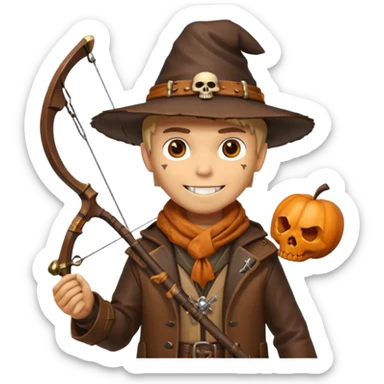 male human monster hunter emoji, wearing brown leather coat and wide hat, holding crossbow, with amulet shaped like skull, Halloween fantasy theme, confident smile, orange scarf, Apple emoji style, clean white background, square image sticker