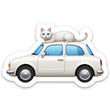 Please create a small emoji the size of 🚗 featuring a pure white cat with short tail with blue eyes on a white saloon car viewed from side. Again it is necessary that the emoji must be extremely small, much smaller than a standard sized sticker. sticker
