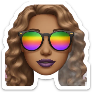 gay pride sunglasses on female head with wavy brown hair and rainbow lipstick sticker