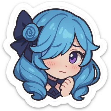 Gwen from League of Legends, chibi emote style, only head visible, right eye purple, shy expression, hair slightly covering face, cute and expressive sticker
