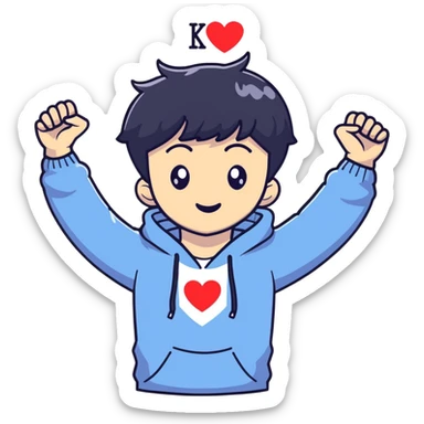 Black-haired male idol making a heart shape with his arms above his head, K-pop style sticker