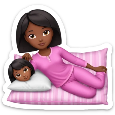 Dark skin Black barbie, short  black bob  hair, pink pajamas laying on pillow  sticker