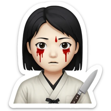 Korean murderer white skin with Asian eyes and holding kitchen knife with black straight hair with also one eye is blind covered with blood sticker