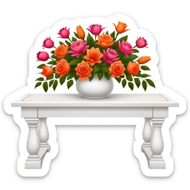 White benches with a romantic lush warm-colored flower vase on top of table sticker