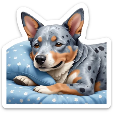 Meme-Worthy Cute Sleeping Blue Speckle Australian Cattle Dog Portrait Emoji, Head resting peacefully with a contented smile, showcasing a robust build and a luxuriously soft blue speckle Fur, eyes shut in a serene nap, Simplified yet hilariously adorable features, highly detailed, glowing with a soft, drowsy light, high shine, relaxed and utterly lovable, stylized with an air of playful laziness, bright and heartwarming, soft glowing outline, capturing the essence of a comically sleepy herder, so meme-worthy it feels like it could instantly become the next viral sensation of adorable slumber! sticker
