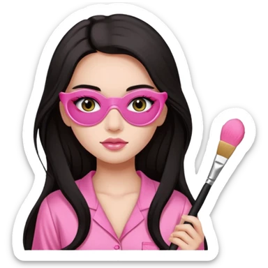 Dark long hair girl wearing pink victorias secret sleepwear is holding a makeup brush she also has eye patches white sticker