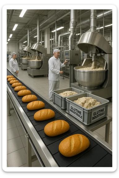 a modern food processing factory interior, with large stainless steel machines mixing and kneading dough. In the foreground, a conveyor belt carries loaves of bread and trays of raw gluten, labeled “Glutine industriale” Workers in uniforms and hairnets monitor the process. The atmosphere is clean, efficient, and slightly clinical. sticker