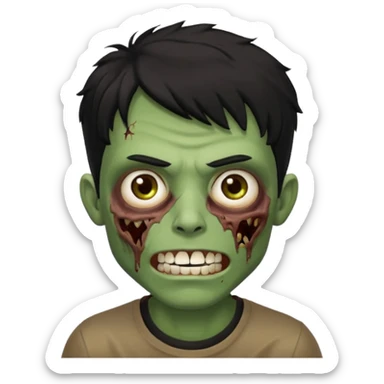 zombi emoji man with a fringe wavy medium black hair, mouth with a white teeth, nose, eyes brown, brown eyebrow, green skin, black shirt sticker