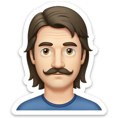 ugly white man. Eyes different sizes. unkept mustache and short hair. long hair in back. mullet. sticker
