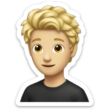 Boy with blonde haie holding a black cat sticker