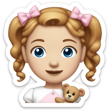 Little Girl with White skin, blue eyes. Light brown and red hair in two ponytails, with light pink bows.  She is wearing a light pink and White dress, standing and holding a teddybear with a pink bow. sticker