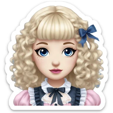 pale woman with blonde curly hair and bangs, pink lips and eyeshadow, long eyelashes, blue eyes, blue Lolita dress with laces and ribbons, gothic Lolita doll look sticker