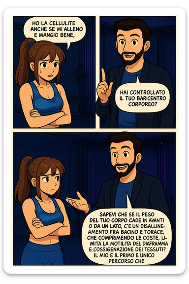 PRENDI SPUNTO DA QUESTO STILE FACENDO UN WEBTOON/MANGA:

LEI (DONNA): Ho la cellulite anche se mi alleno e mangio bene, cosa posso fare?

LUI (UOMO): Hai controllato il tuo baricentro corporeo?
LUI (UOMO): Sapevi che se il peso del tuo corpo cade in avanti o da un lato, c’è un disallineamento fra bacino e torace, che comprimendo le coste, limita la motilità del diaframma e l’ossigenazione dei tessuti?
LUI (UOMO): Il mio è il primo e unico percorso che lavora sugli inestetismi con un lavoro mirato sul baricentro corporeo. sticker