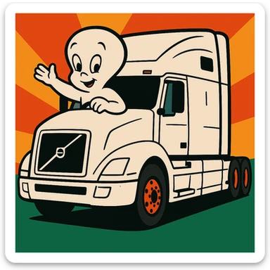 Change the semi truck to white, keep Casper the ghost driving in vibrant toon style. sticker