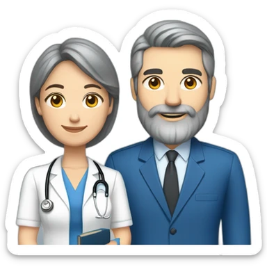 husband classy caucasian 55 dark gray hair trimmed beard wearing blue business suit and holding bible, with wife asian age 55 dark hair nurse uniform, no children sticker