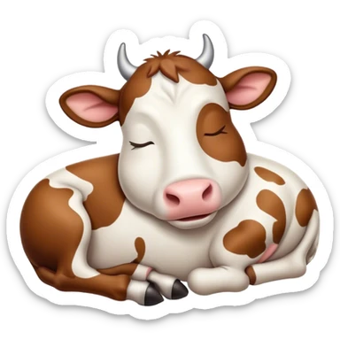 Meme-Worthy Cute Sleeping Brown and White Cow Portrait Emoji, Head resting peacefully with a contented smile, showcasing a robust build and a luxuriously soft patterned hide of brown and white, eyes shut in a serene, restful nap, Simplified yet hilariously adorable features, highly detailed, glowing with a soft, drowsy light, high shine, relaxed and utterly lovable, stylized with an air of playful laziness, bright and heartwarming, soft glowing outline, capturing the essence of a comically sleepy cow, so meme-worthy it feels like it could instantly become the next viral sensation of adorable slumber! sticker