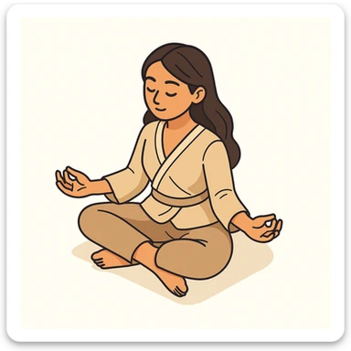 Create an image of the referenced girl in a lotus pose, preserving her appearance and clothing. Use a 2D isometric style with added shadows and highlights. The background should be white. Image size 512x512px. sticker