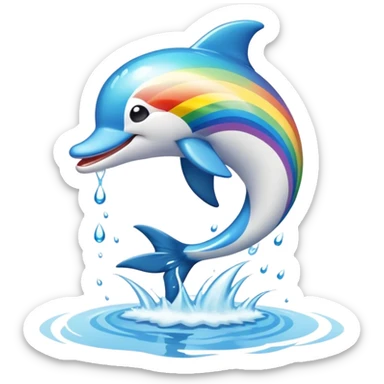 Un delfín saltando en un lago con un arcoíris sticker