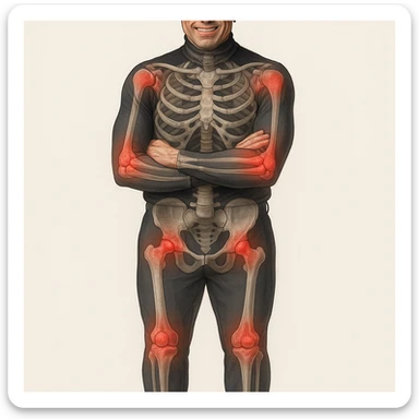 Create a series of 5 vertical images of a man (reference photo) with widespread joint pain, highlighting inflammation with an anatomical view. Show red zones on the joints, medical style, anatomical details, hyperrealism. sticker