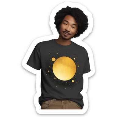 Person wearing T shirt with vintage gilded earth on t shirt with nebulas galaxies and constellations t shirt sticker
