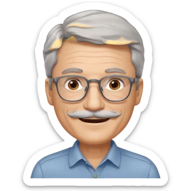 Generate a portrait of a slightly older man with glasses. His hair is quite thin, gray, but wavy. He has brown eyes, a mustache, and is smiling. sticker
