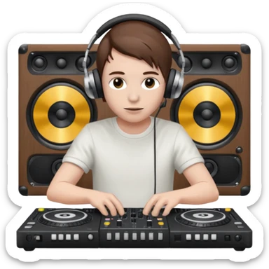 White skin dj mixing with dj booth, headphone on head, no cap, not bald, brown hair  sticker