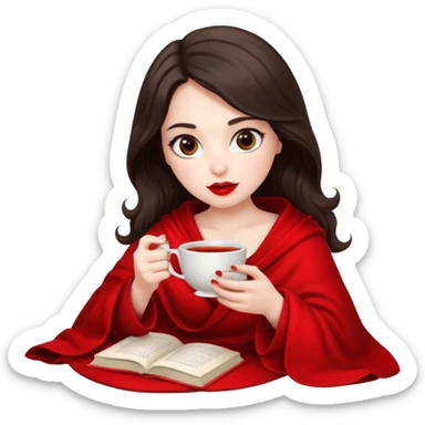 Long wavy dark brown haired, white skinned, dark big eyed girl with red lipstick wrapped in a red blanket, sipping tea and reading a book sticker