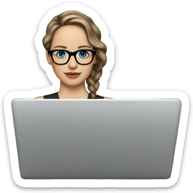 Hyper Realistic Photo of Brunette Jennifer Lawrence wearing black glasses and blue eyes  on a laptop  sticker