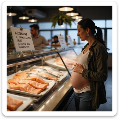 realistic pregnant woman in 4K approaching the fish counter in a modern fish market, notices the sign with the text: “Attenzione, il consumo di salmone crudo può comportare rischi in gravidanza” and moves away from the salmon. sticker