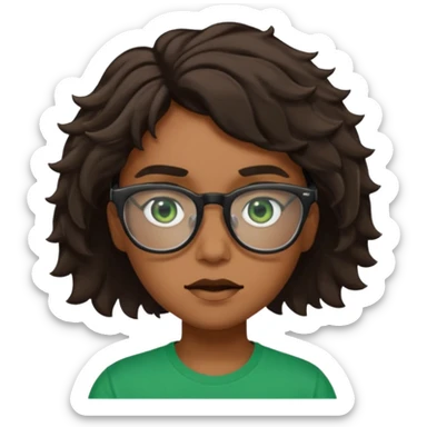 Garçon brun avec des cheveux ondulés courts, peu un peu claire, des yeux verts foncés, un t shirt noir et des lunettes rectangulaires transparentes qui est fou sticker