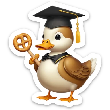 duck wearing bread shaped like a graduation cap and holding a pretzel sticker