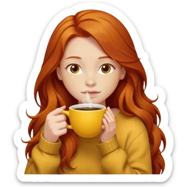 Happy long haired redhead hugging big yellow marble drinking coffee sticker