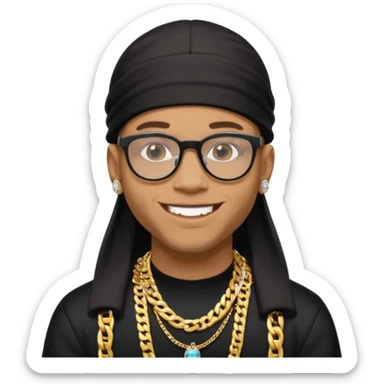 lightskin man with a black durag,a cuban link chain,glasses, and smiley diamond grillz sticker