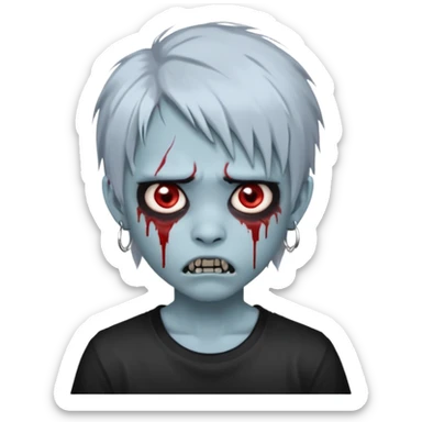  3D emoji-style avatar with very pale blue-grey zombie skin , a young Asian face, and large eyes with blood tears. Give it white litle bit messy mullet hair style , silver hoop earrings, and a plain black T-shirt. The face expression should be slightly angry, with vampire fang sticker