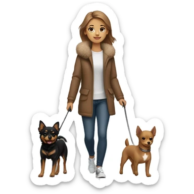 A light brown haired girl, walking one mini black and tan miniature Pinscher and one big fluffy light brown Spitz on the lead sticker