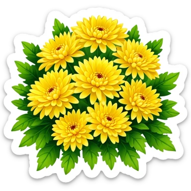 big bouquet Bright Yellow Chrysanthemum, luxuriant, leaf, bud sticker