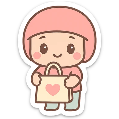Edit the character to hand over the bag with both hands, maintaining the kawaii chibi anime style with flat pastel colors, thick outlines, and simple cute features. Keep the background transparent. sticker
