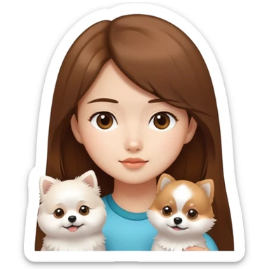Brown hair asian girl look at white Pomeranian  sticker