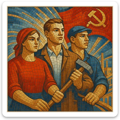 Soviet mosaic artwork reimagined as a modern Kerama Marazzi tile, detailed and colorful sticker