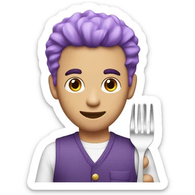 A peach skinned man  with purple hair and he has a jumpsuit that has the number white 230 on his jumpsuit and he is holding a fork and the color of the fork is half red half gray sticker