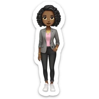 Light brown girl with black low bun, gold bracelet, gold rings, gold nose ring, gold rings, with a gray shirt, a blazer, plaid pants, and white sneakers, and dark brown eyes, and pink lips  sticker