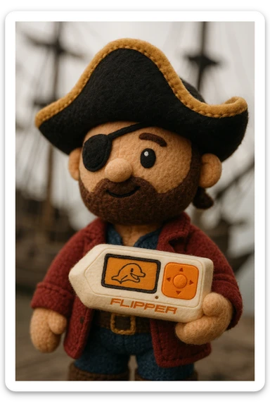 plush portrait of a pirate character holding a Flipper Zero device, soft toy style, detailed pirate hat, eye patch, and plush Flipper Zero in hand sticker