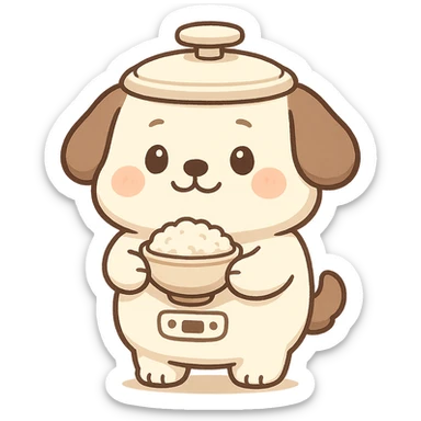 cute chibi rice cooker dog, round belly, holding a rice bowl, soft cream and brown tones, full-body sticker