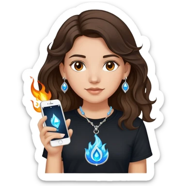 brunette girl with wavy medium length hair, brown eyes, light/medium skin tone, holding iPhone and light phone, wearing black tee shirt with flame pattern on it, small silver hoop earrings with blue gem stars, and colorful beaded charm necklace sticker