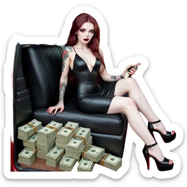Lilith symbol red eye seductress evil long brown haired sexy succubus woman with leather long dress with slit, sitting in Big Large F350 pickup truck. Black Platform high heels on feet. Tattoo sleeve arms, seat full of stacks of cash, and a man dead human skull of her enemies and a gun in other hand sticker