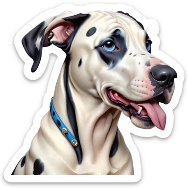 Cinematic Cute Yawning Harlequin Great Dane Portrait Emoji, Head tilted slightly with a dramatic, wide-open yawn, showcasing a smooth coat of predominantly white with bold black patches, floppy ears slightly drooping, round blue eyes barely open in drowsy contentment, Simplified yet irresistibly adorable features, highly detailed, glowing with a soft, cozy glow, high shine, relaxed yet expressive, stylized with a touch of whimsy, bright and endearing, soft glowing outline, capturing the essence of a sleepy yet affectionate guardian, so drowsy it feels like it could stretch out of the screen and curl up for a nap! sticker