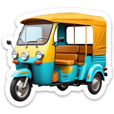 Cinematic Realistic Tuk Tuk Emoji, depicted as a vibrant iconic three-wheeled vehicle with bold colors and a compact design, rendered with crisp textures and dynamic urban lighting that captures its quintessential Thai charm. sticker